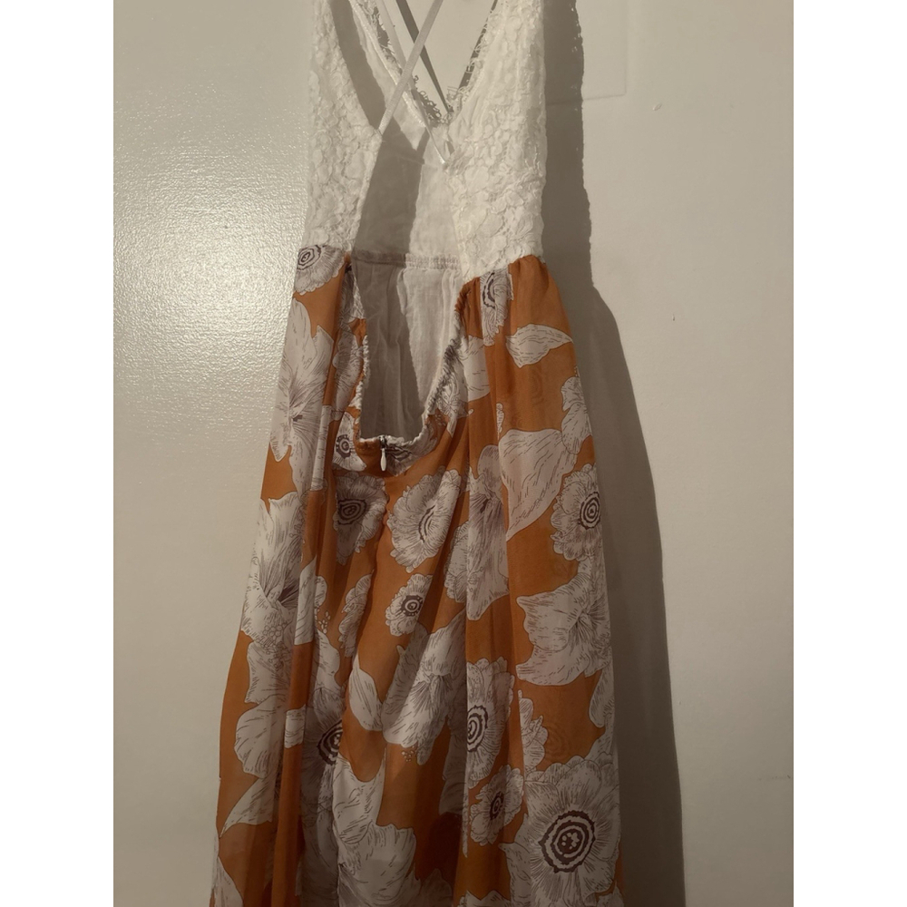 PatPat High Low Orange Floral Maxi Dress White Lace Bodice Boho Summer L - Picture 3 of 6